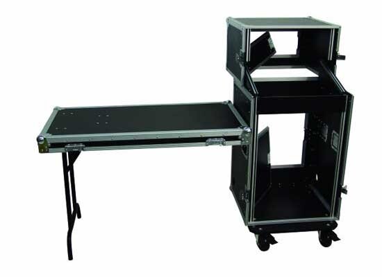 Case für DJ Equipment, Mobile DJ Stage Case, 4x Lenkrolle 16 HE unten/8 schräg/4 oben, ausklap. Tisch, MADE IN CHINA